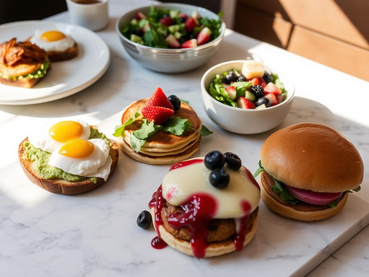 Brunch spread with eggs, pancakes and burgers