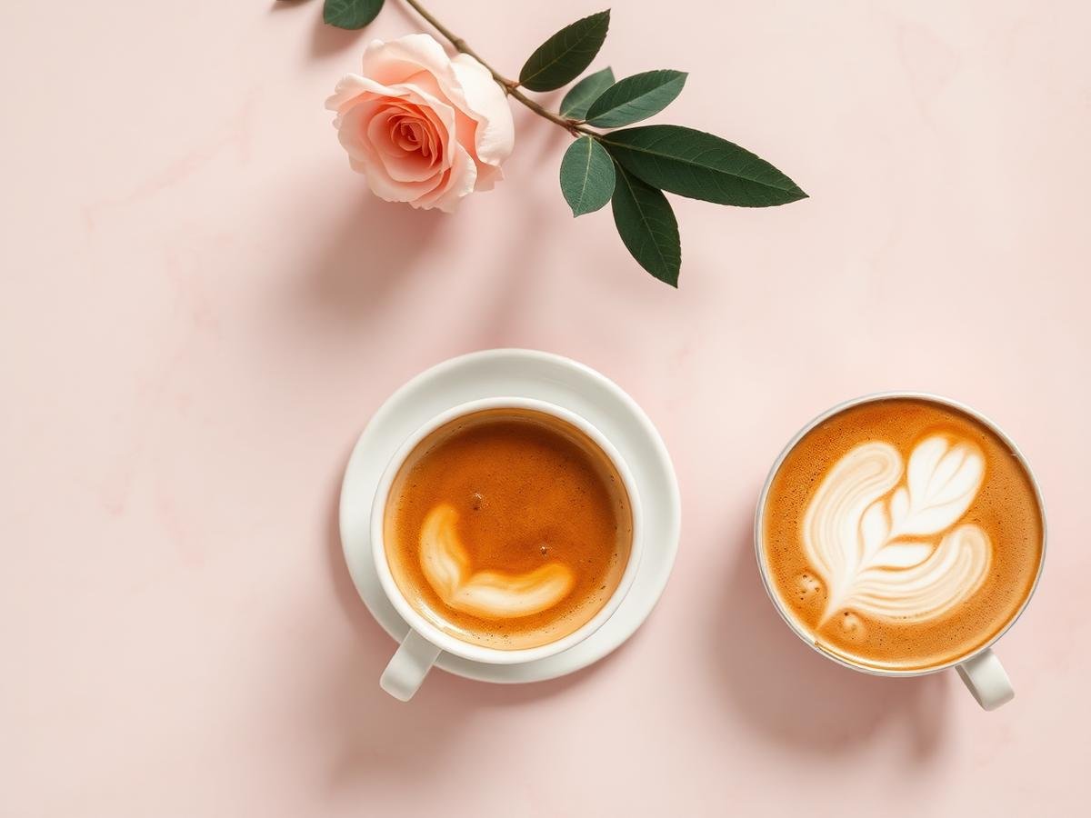 Latte art and espresso on a pink marble table