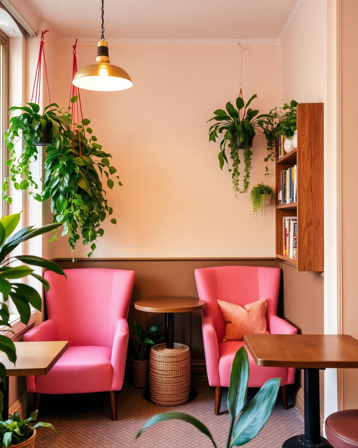 Cosy pink armchairs and plants inside the bistro